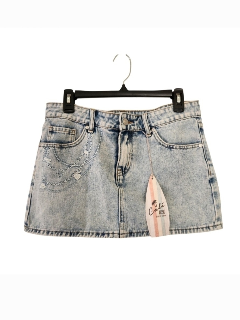 Acid-Wash Light Blue Denim Mini Skirt with Chain Stitch Detail